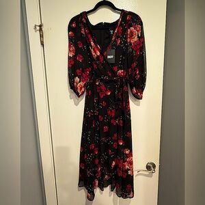 Flattering, classic DKNY floral faux wrap dress. NWT.